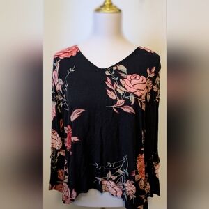 Diane Gilman Floral Black and Pink Long Sleeve Top
